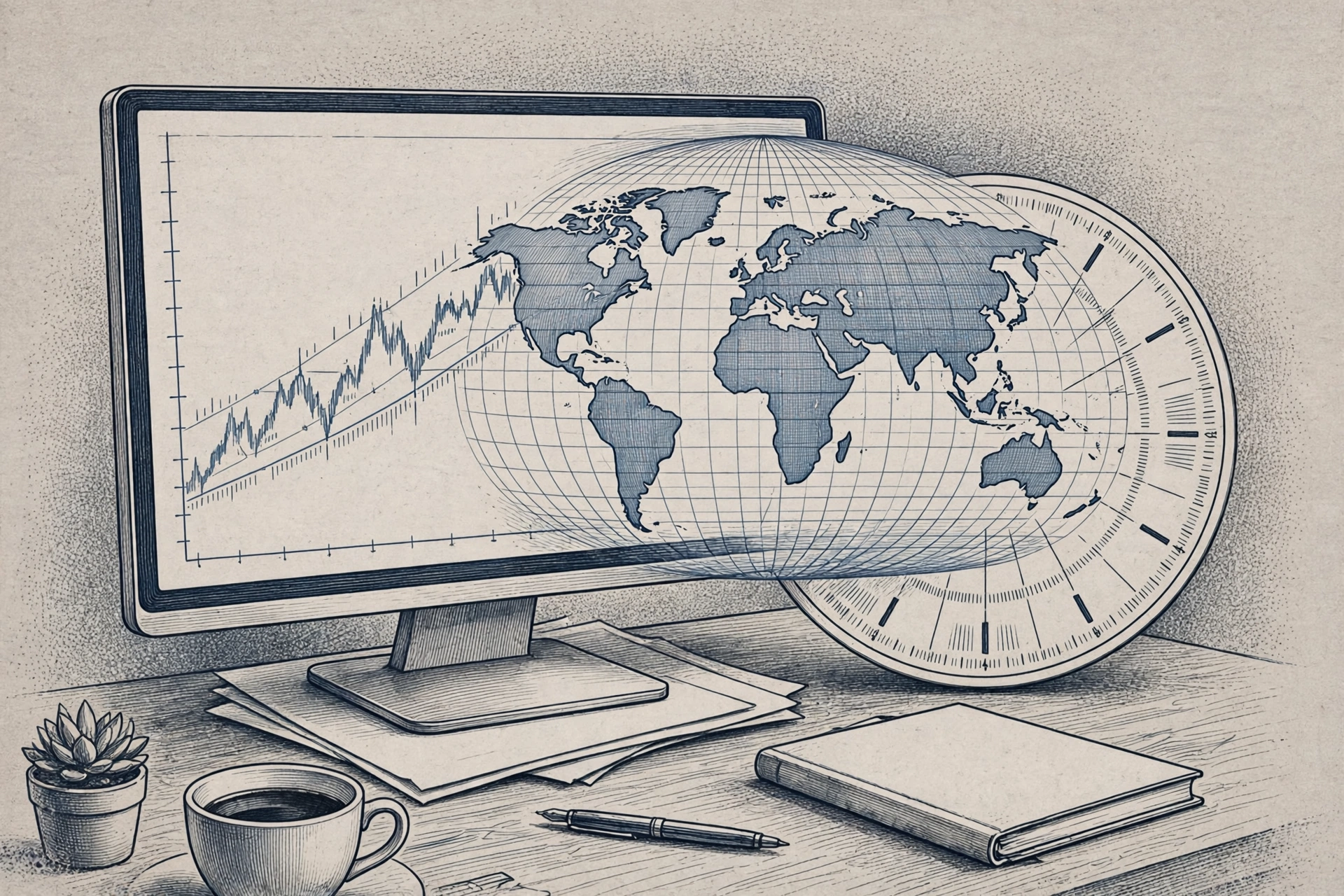 Trading chart on a monitor blending into a world globe and clock, illustrating round-the-clock trading